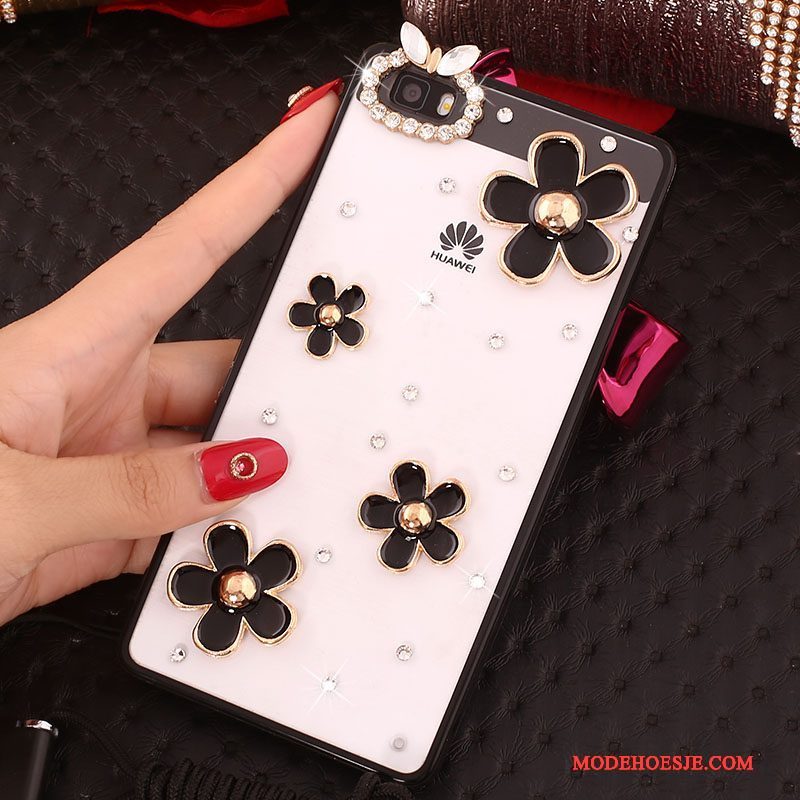 Hoesje Huawei P8 Lite Strass Rozetelefoon, Hoes Huawei P8 Lite Bescherming Opknoping Nek Anti-fall