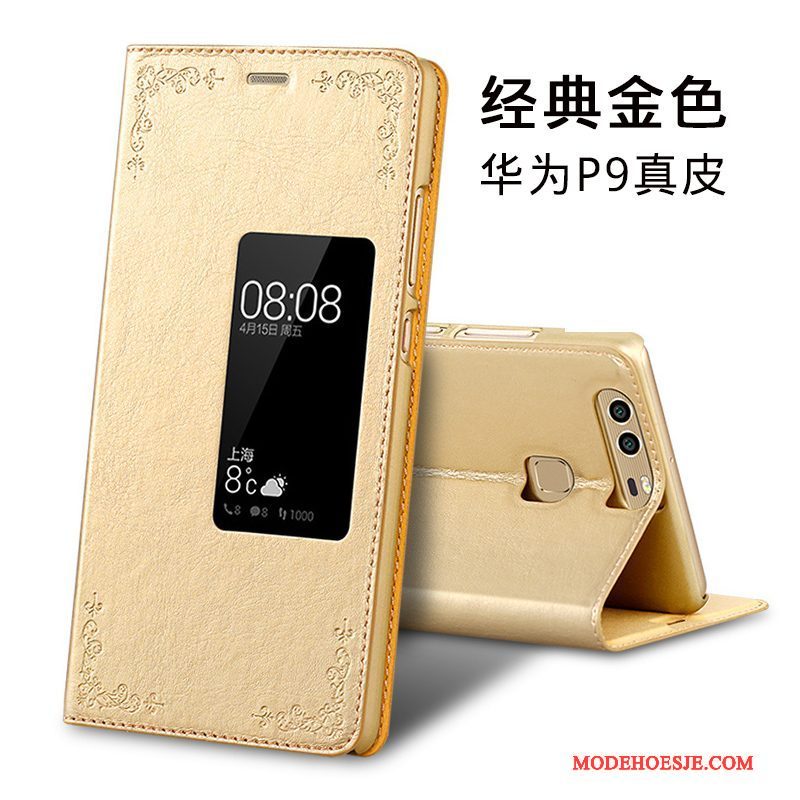 Hoesje Huawei P9 Folio Goud Anti-fall, Hoes Huawei P9 Leer Telefoon
