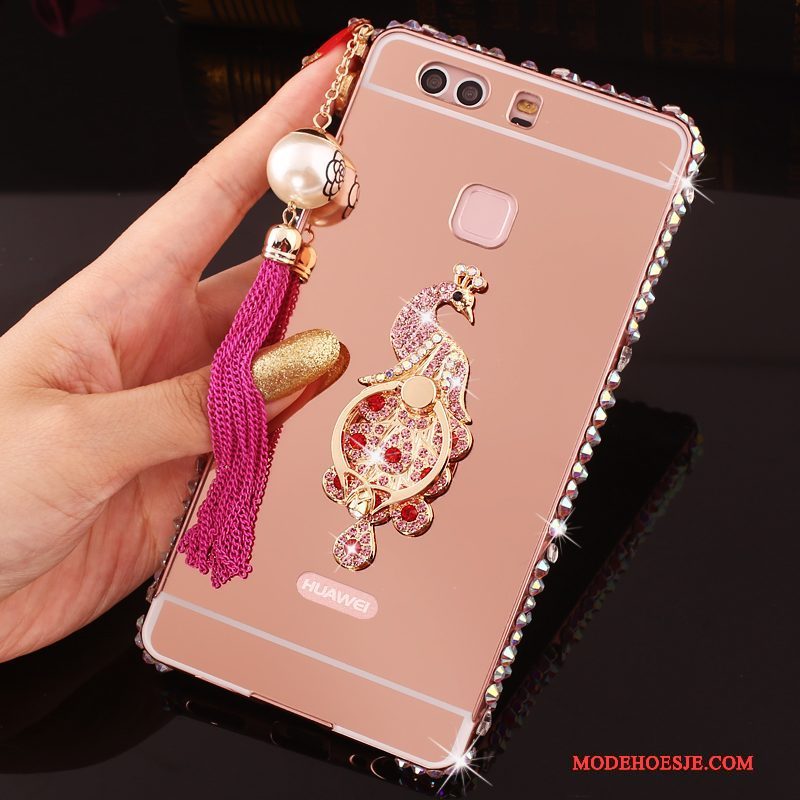 Hoesje Huawei P9 Plus Strass Roze Omlijsting, Hoes Huawei P9 Plus Metaal Telefoon