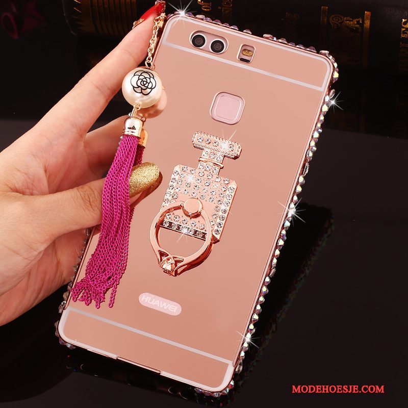 Hoesje Huawei P9 Plus Strass Roze Omlijsting, Hoes Huawei P9 Plus Metaal Telefoon