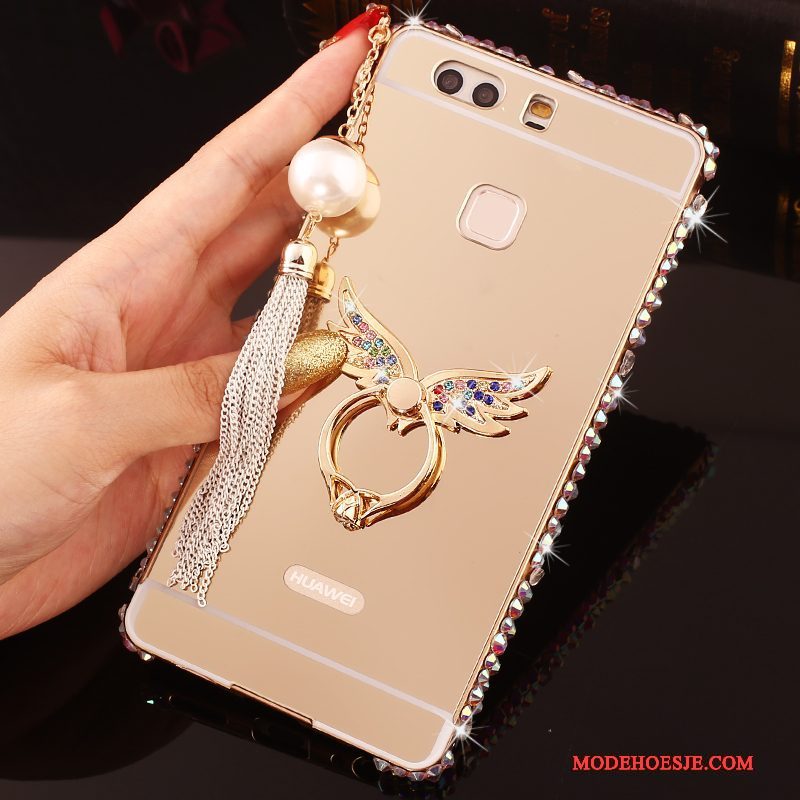 Hoesje Huawei P9 Plus Strass Roze Omlijsting, Hoes Huawei P9 Plus Metaal Telefoon