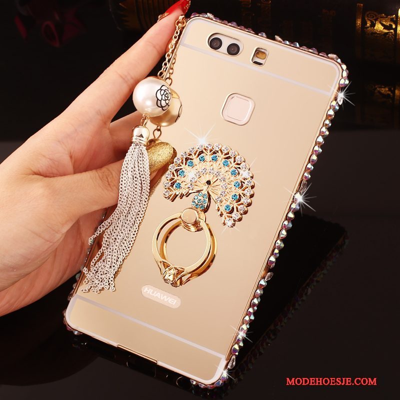 Hoesje Huawei P9 Plus Strass Roze Omlijsting, Hoes Huawei P9 Plus Metaal Telefoon