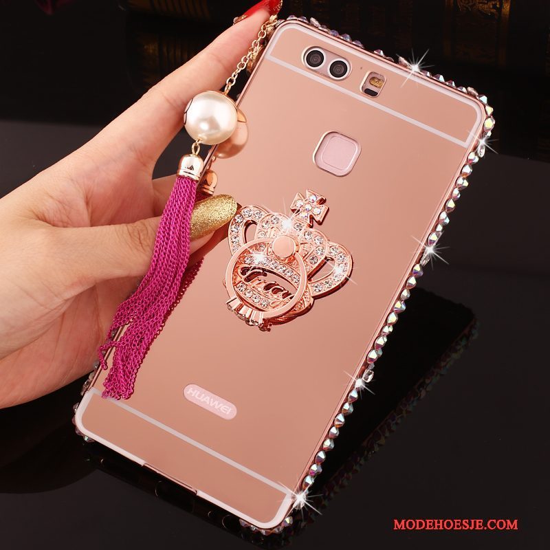 Hoesje Huawei P9 Plus Strass Roze Omlijsting, Hoes Huawei P9 Plus Metaal Telefoon