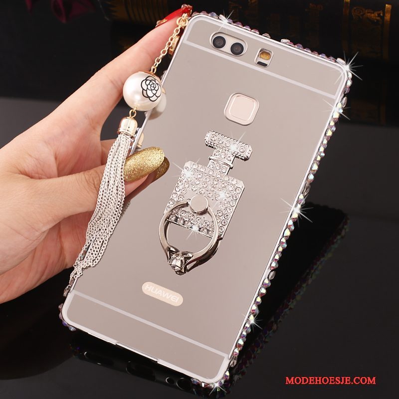 Hoesje Huawei P9 Plus Strass Roze Omlijsting, Hoes Huawei P9 Plus Metaal Telefoon