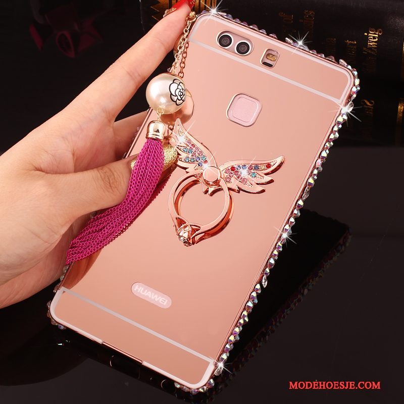 Hoesje Huawei P9 Plus Strass Roze Omlijsting, Hoes Huawei P9 Plus Metaal Telefoon