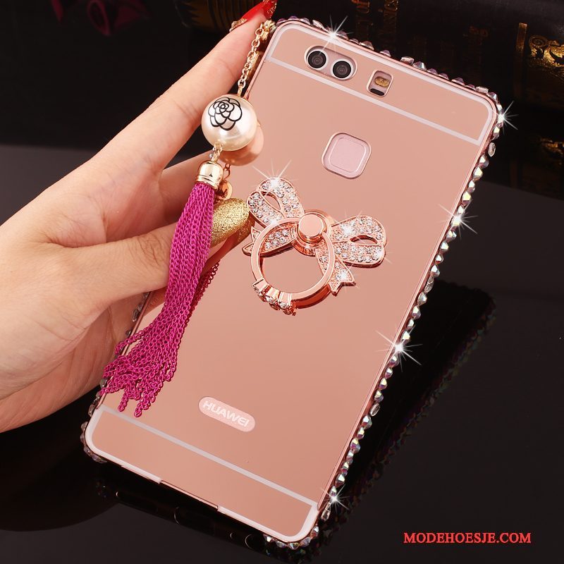 Hoesje Huawei P9 Plus Strass Roze Omlijsting, Hoes Huawei P9 Plus Metaal Telefoon