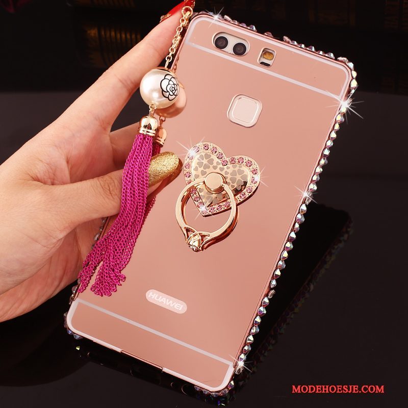 Hoesje Huawei P9 Plus Strass Roze Omlijsting, Hoes Huawei P9 Plus Metaal Telefoon