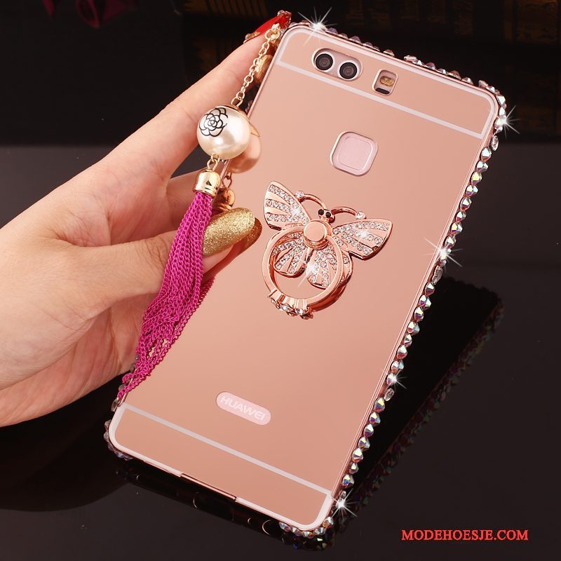 Hoesje Huawei P9 Plus Strass Roze Omlijsting, Hoes Huawei P9 Plus Metaal Telefoon