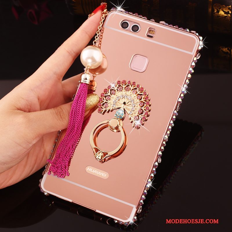 Hoesje Huawei P9 Plus Strass Roze Omlijsting, Hoes Huawei P9 Plus Metaal Telefoon