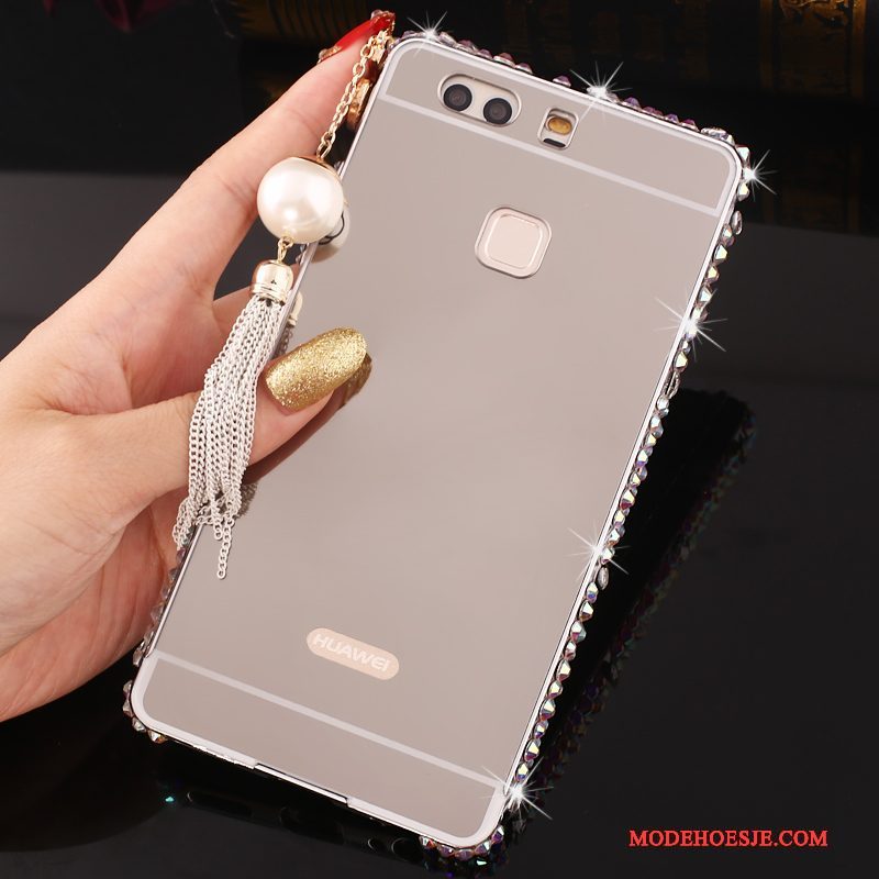 Hoesje Huawei P9 Plus Strass Roze Omlijsting, Hoes Huawei P9 Plus Metaal Telefoon