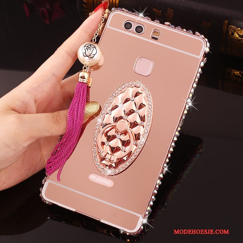 Hoesje Huawei P9 Plus Strass Roze Omlijsting, Hoes Huawei P9 Plus Metaal Telefoon