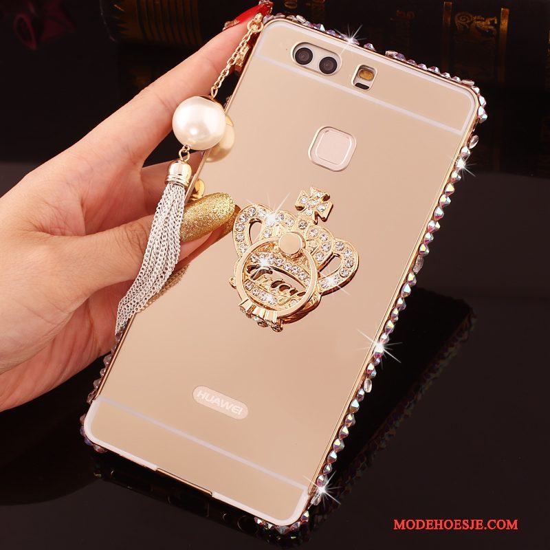 Hoesje Huawei P9 Plus Strass Roze Omlijsting, Hoes Huawei P9 Plus Metaal Telefoon