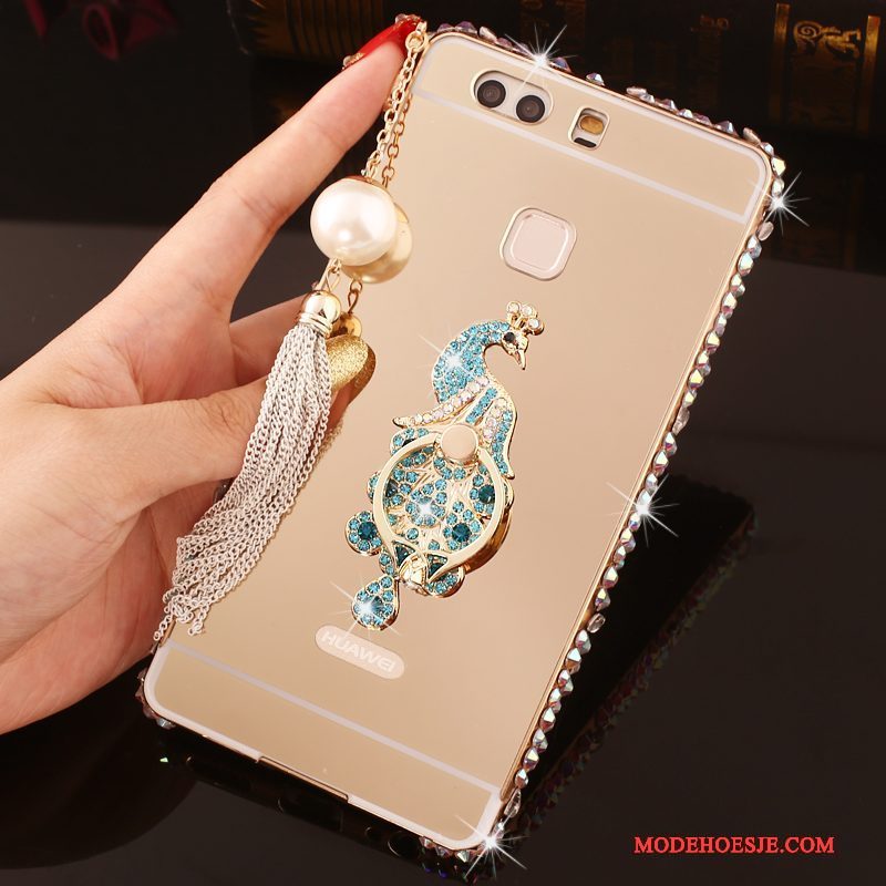 Hoesje Huawei P9 Plus Strass Roze Omlijsting, Hoes Huawei P9 Plus Metaal Telefoon