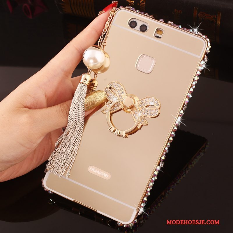 Hoesje Huawei P9 Plus Strass Roze Omlijsting, Hoes Huawei P9 Plus Metaal Telefoon