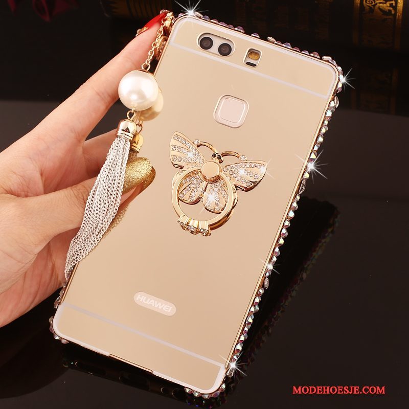 Hoesje Huawei P9 Plus Strass Roze Omlijsting, Hoes Huawei P9 Plus Metaal Telefoon