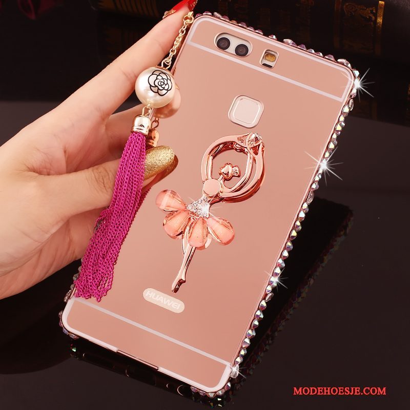 Hoesje Huawei P9 Plus Strass Roze Omlijsting, Hoes Huawei P9 Plus Metaal Telefoon