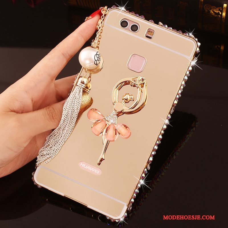 Hoesje Huawei P9 Plus Strass Roze Omlijsting, Hoes Huawei P9 Plus Metaal Telefoon