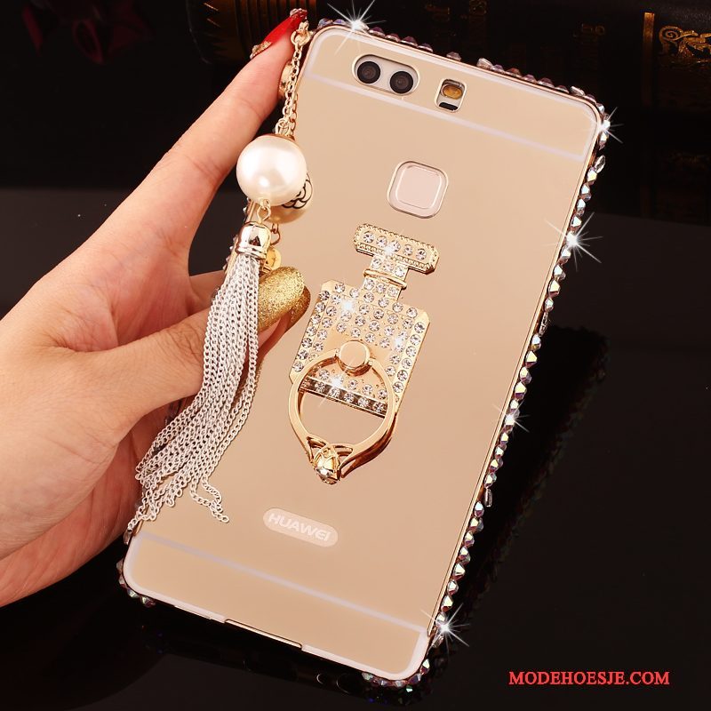 Hoesje Huawei P9 Plus Strass Roze Omlijsting, Hoes Huawei P9 Plus Metaal Telefoon