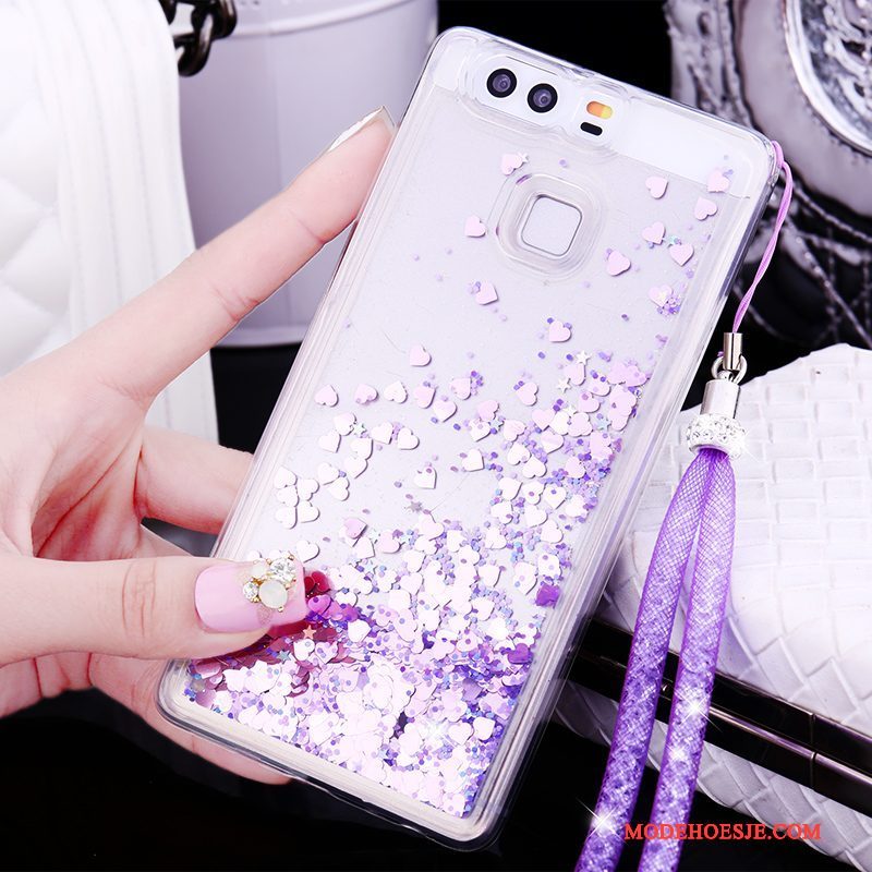 Hoesje Huawei P9 Plus Zacht Drijfzand Hanger, Hoes Huawei P9 Plus Siliconen Opknoping Nek Roze