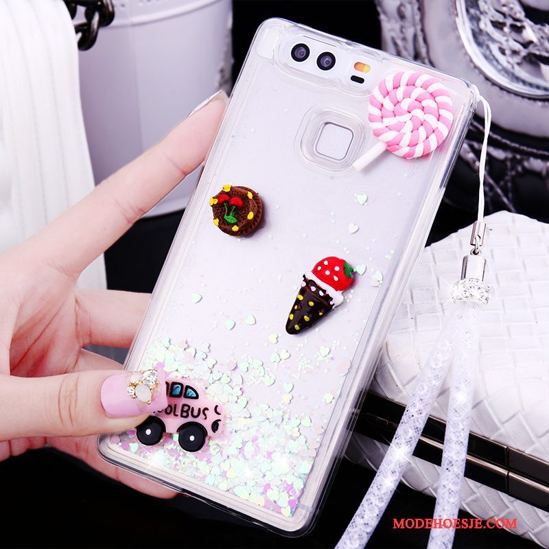 Hoesje Huawei P9 Plus Zacht Drijfzand Hanger, Hoes Huawei P9 Plus Siliconen Opknoping Nek Roze