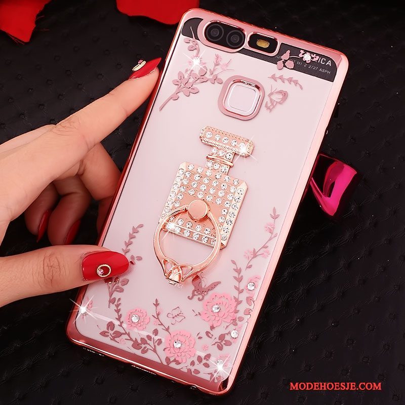 Hoesje Huawei P9 Strass Ring Roze, Hoes Huawei P9 Siliconen Telefoon