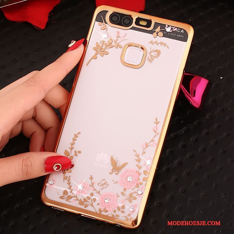 Hoesje Huawei P9 Strass Ring Roze, Hoes Huawei P9 Siliconen Telefoon