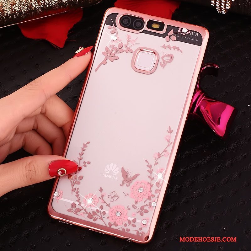 Hoesje Huawei P9 Strass Ring Roze, Hoes Huawei P9 Siliconen Telefoon