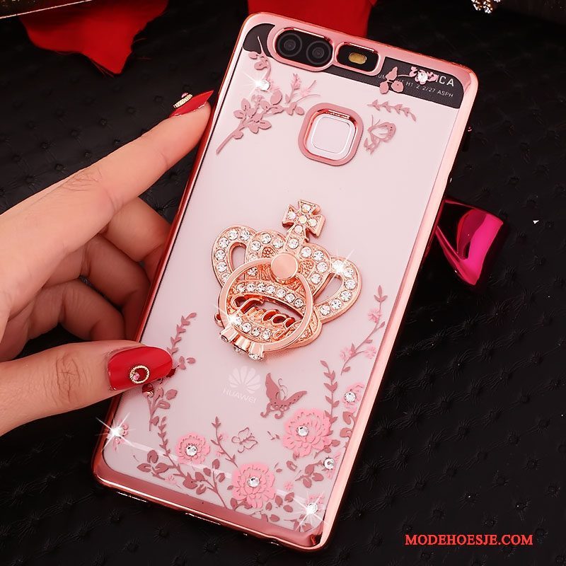 Hoesje Huawei P9 Strass Ring Roze, Hoes Huawei P9 Siliconen Telefoon