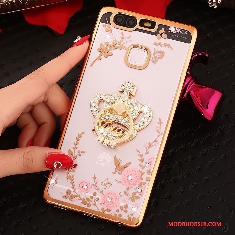 Hoesje Huawei P9 Strass Ring Roze, Hoes Huawei P9 Siliconen Telefoon