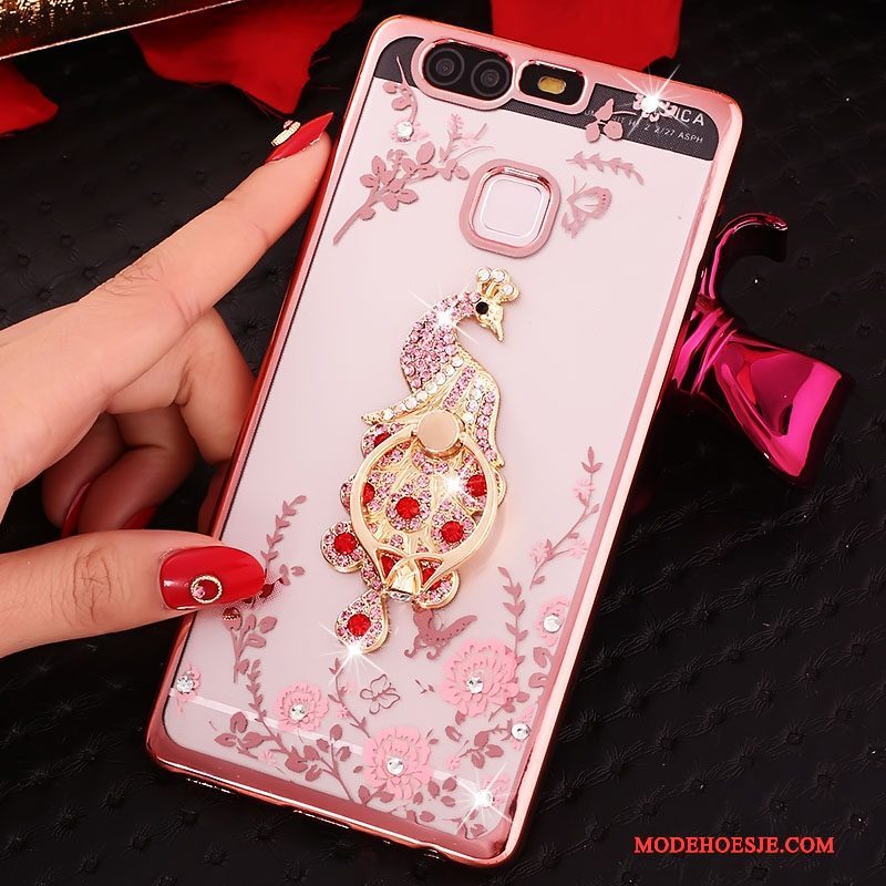 Hoesje Huawei P9 Strass Ring Roze, Hoes Huawei P9 Siliconen Telefoon