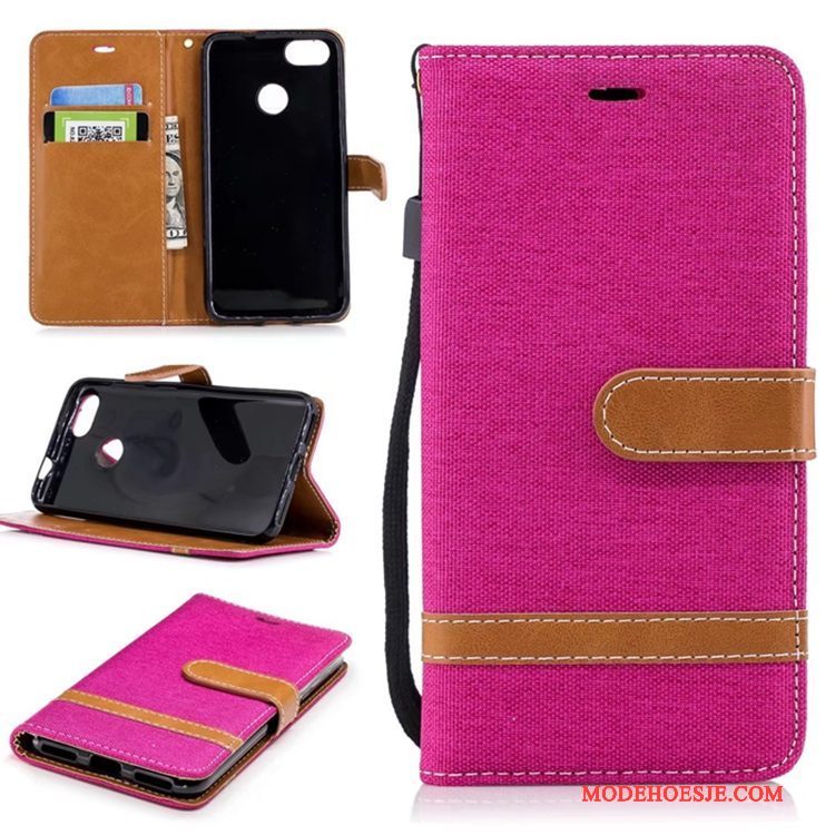 Hoesje Huawei Y6 Pro 2017 Ondersteuning Kaart Zuiver, Hoes Huawei Y6 Pro 2017 Leer Denim Rood