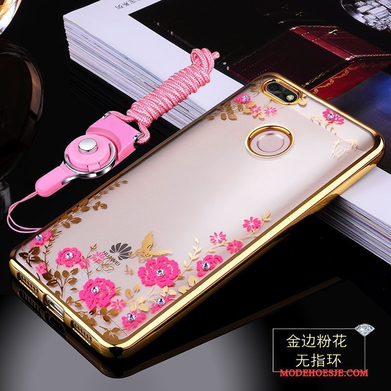 Hoesje Huawei Y6 Pro 2017 Siliconen Anti-falltelefoon, Hoes Huawei Y6 Pro 2017 Bescherming Roze Klittenband