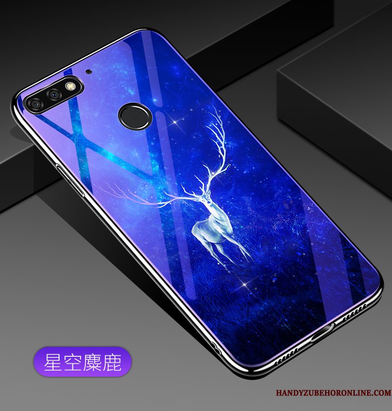Hoesje Huawei Y7 2018 Bescherming Gehard Glas Blauw, Hoes Huawei Y7 2018 Telefoon