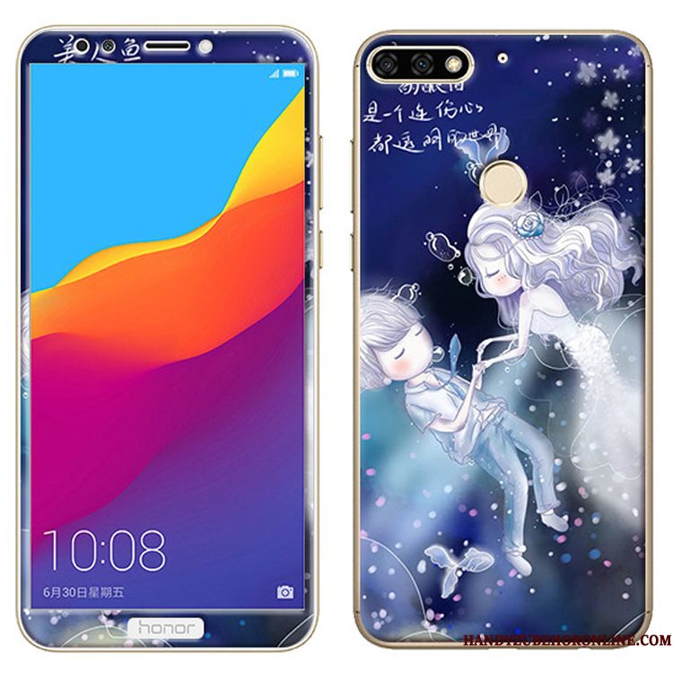 Hoesje Huawei Y7 2018 Zacht Tempererentelefoon, Hoes Huawei Y7 2018 Spotprent Skärmskydd Roze