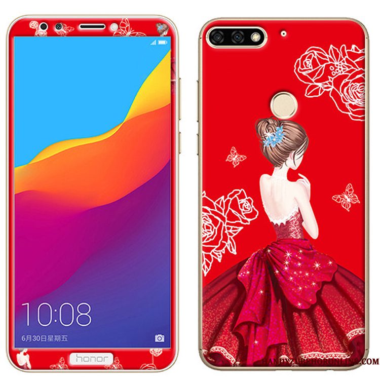 Hoesje Huawei Y7 2018 Zacht Tempererentelefoon, Hoes Huawei Y7 2018 Spotprent Skärmskydd Roze