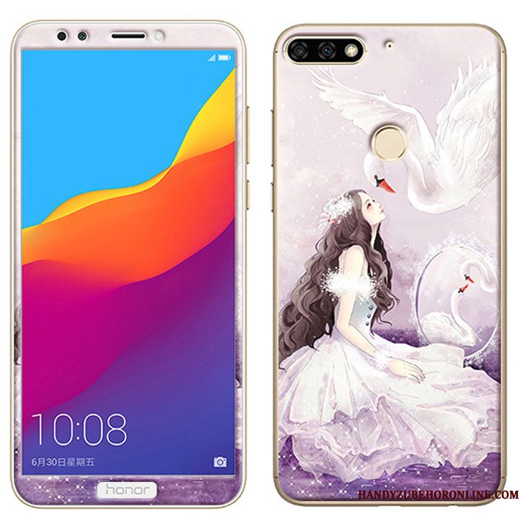 Hoesje Huawei Y7 2018 Zacht Tempererentelefoon, Hoes Huawei Y7 2018 Spotprent Skärmskydd Roze