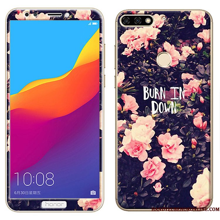 Hoesje Huawei Y7 2018 Zacht Tempererentelefoon, Hoes Huawei Y7 2018 Spotprent Skärmskydd Roze