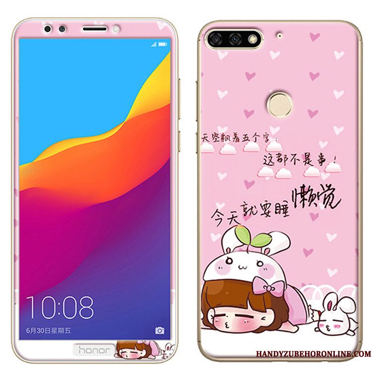 Hoesje Huawei Y7 2018 Zacht Tempererentelefoon, Hoes Huawei Y7 2018 Spotprent Skärmskydd Roze