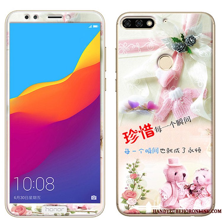 Hoesje Huawei Y7 2018 Zacht Tempererentelefoon, Hoes Huawei Y7 2018 Spotprent Skärmskydd Roze