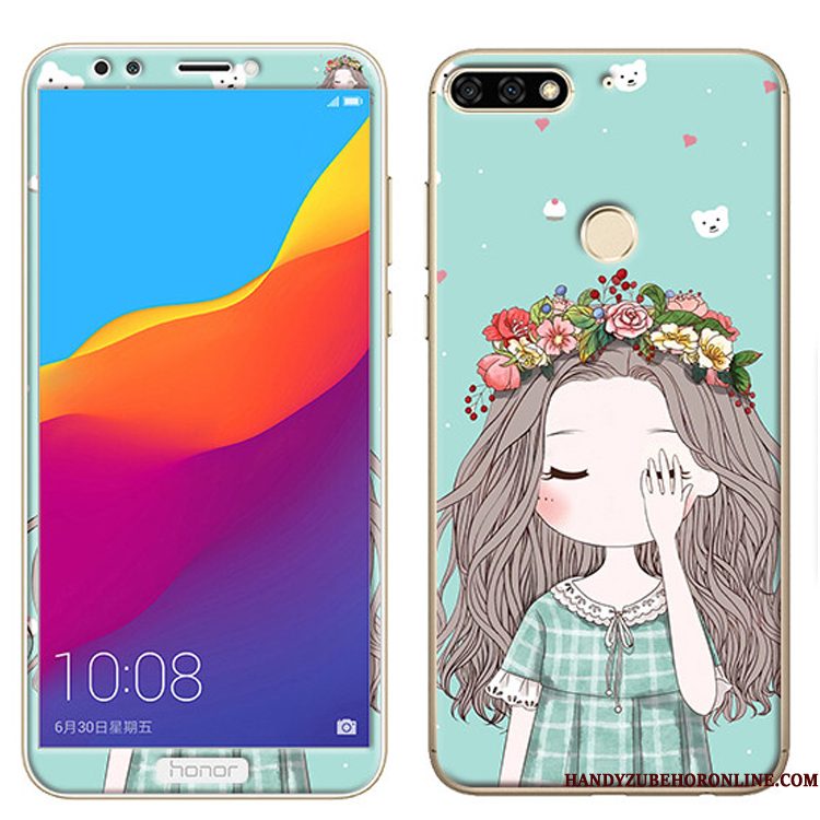 Hoesje Huawei Y7 2018 Zacht Tempererentelefoon, Hoes Huawei Y7 2018 Spotprent Skärmskydd Roze