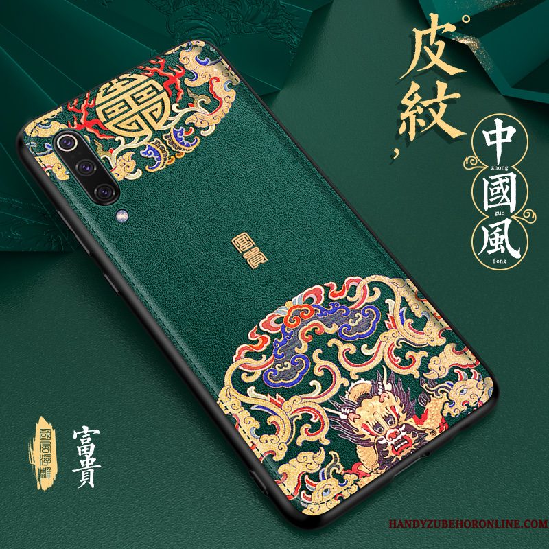 Hoesje Mi 9 Lite Leer Patroon Groen, Hoes Mi 9 Lite Bescherming Chinese Stijl Dun