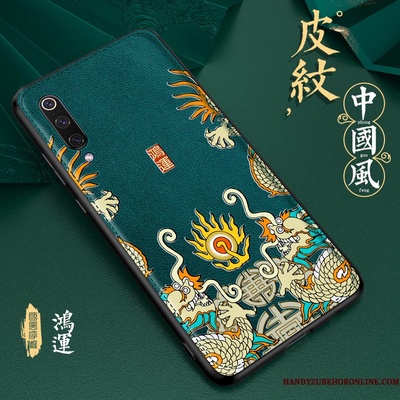 Hoesje Mi 9 Lite Leer Patroon Groen, Hoes Mi 9 Lite Bescherming Chinese Stijl Dun