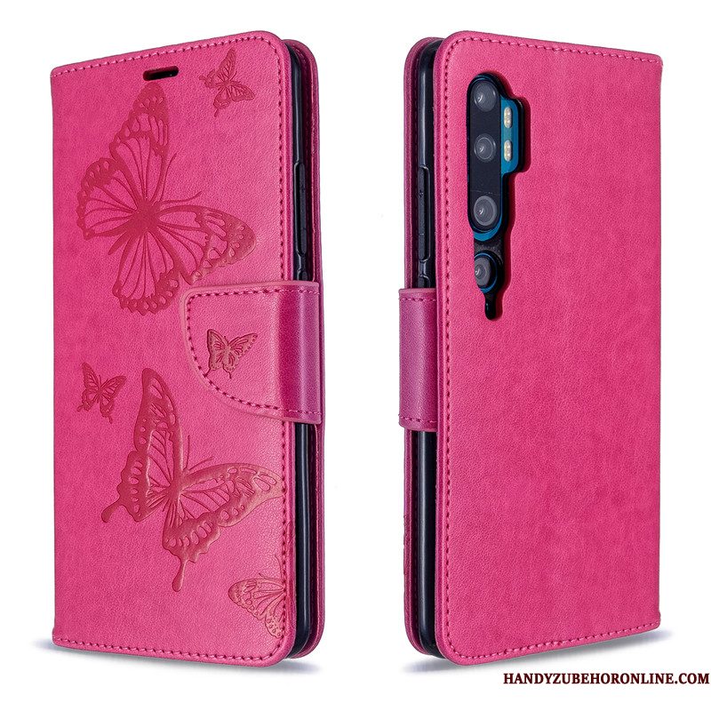 Hoesje Mi Note 10 Bescherming Rood Vlinder, Hoes Mi Note 10 Folio Effen Kleurtelefoon