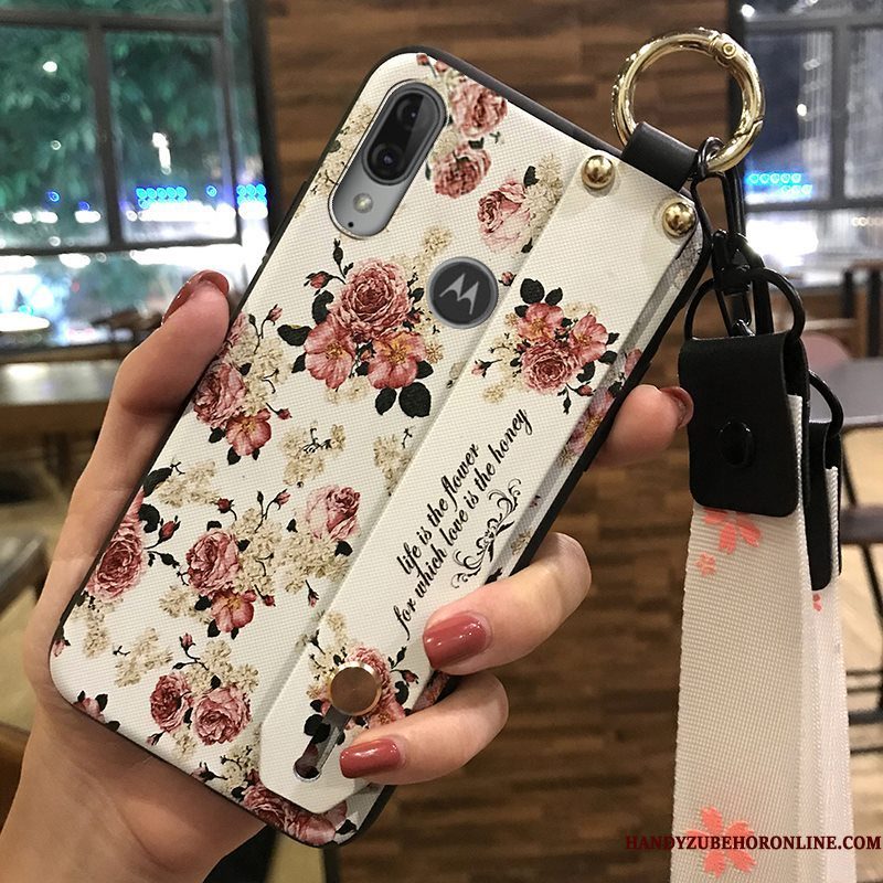 Hoesje Moto E6 Plus Scheppend Vers Bloemen, Hoes Moto E6 Plus Ondersteuning Hanger Roze