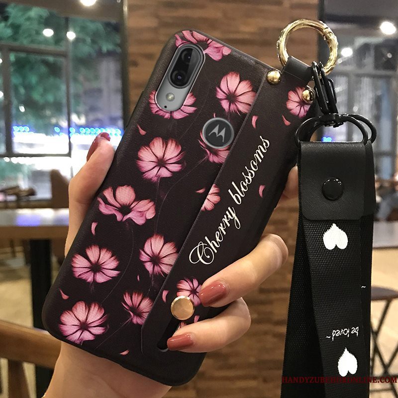 Hoesje Moto E6 Plus Scheppend Vers Bloemen, Hoes Moto E6 Plus Ondersteuning Hanger Roze