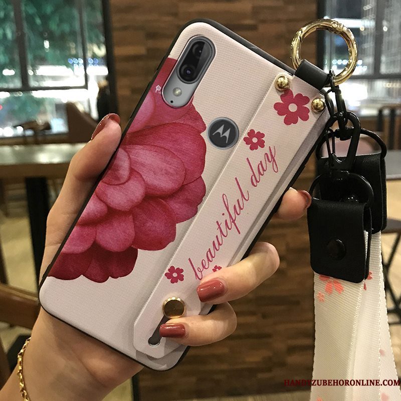 Hoesje Moto E6 Plus Scheppend Vers Bloemen, Hoes Moto E6 Plus Ondersteuning Hanger Roze