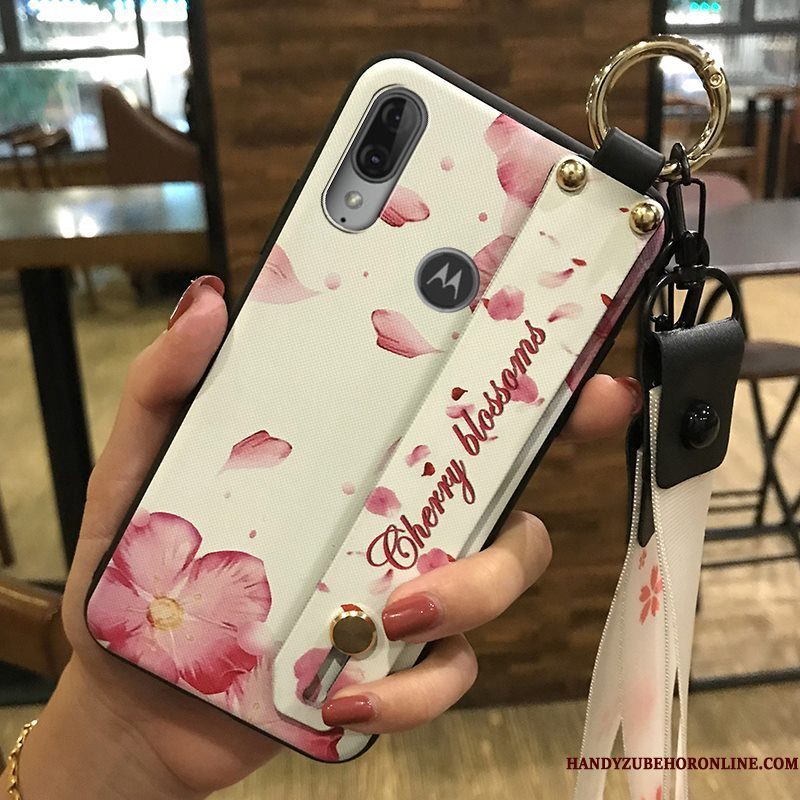 Hoesje Moto E6 Plus Scheppend Vers Bloemen, Hoes Moto E6 Plus Ondersteuning Hanger Roze