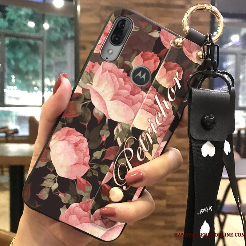 Hoesje Moto E6 Plus Scheppend Vers Bloemen, Hoes Moto E6 Plus Ondersteuning Hanger Roze