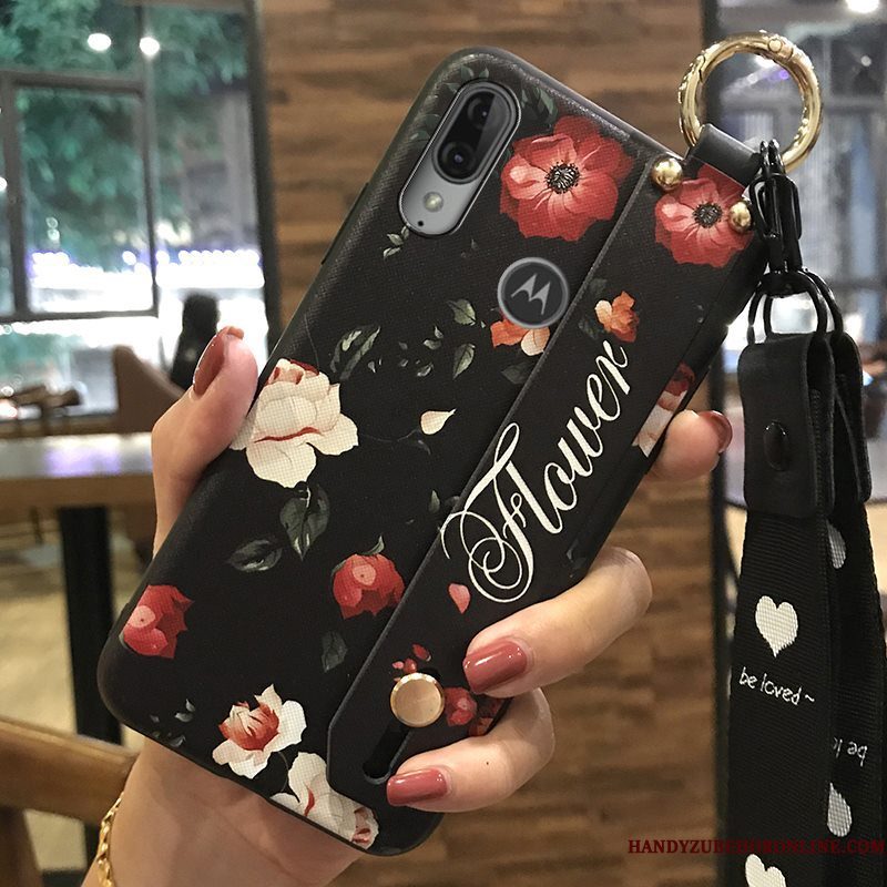 Hoesje Moto E6 Plus Scheppend Vers Bloemen, Hoes Moto E6 Plus Ondersteuning Hanger Roze