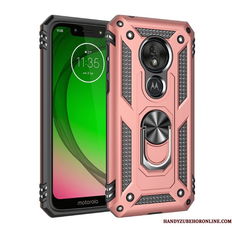 Hoesje Moto G7 Power Zakken Auto Magnetisch, Hoes Moto G7 Power Bescherming Rood Drie Verdedigingen